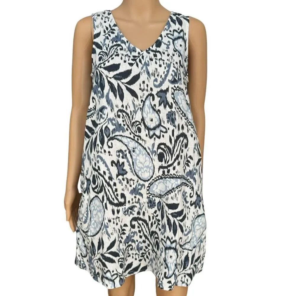 Lucky Brand Women’s Linen Dress Blue White Paisley A Line Summer Beach Size XS